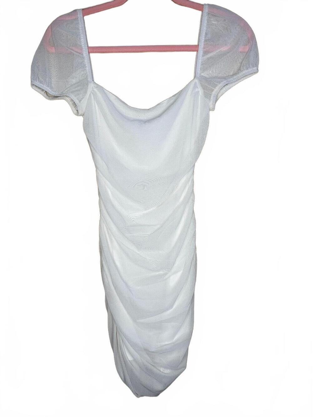 Princess Polly White Mesh Puff Sleeve Ruched Dress US 4